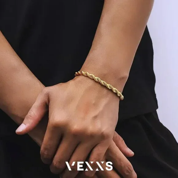 ⭐ VEXXS Men's 18K Gold Plated Rope Chain Bracelet 5mm Durable No Fade